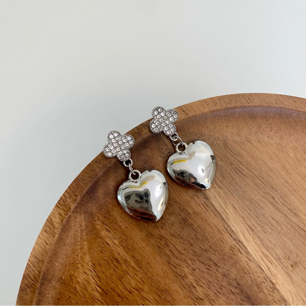 3/$20 Silver CZ Stones Clover Flowers Heart Drop Earrings